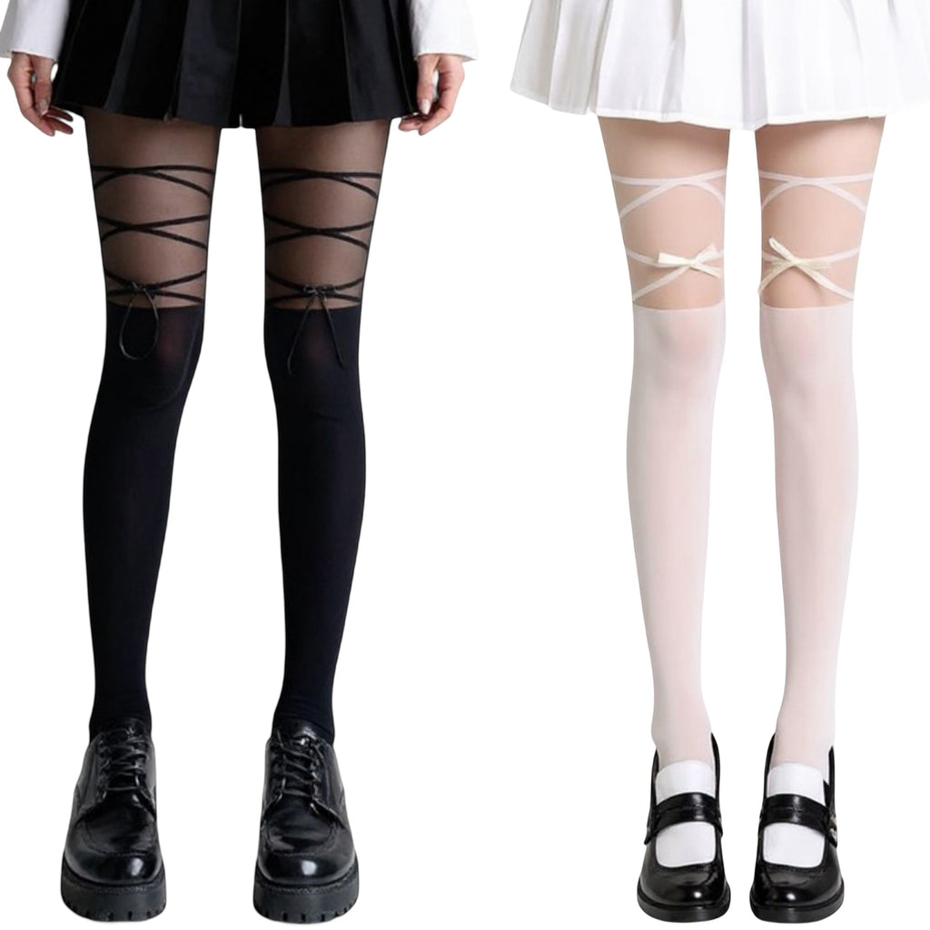 Anna-Kaci 2pcs Women's Sheer Tights with Crisscross Lace-Up Detail and Opaque Lower Leg Design