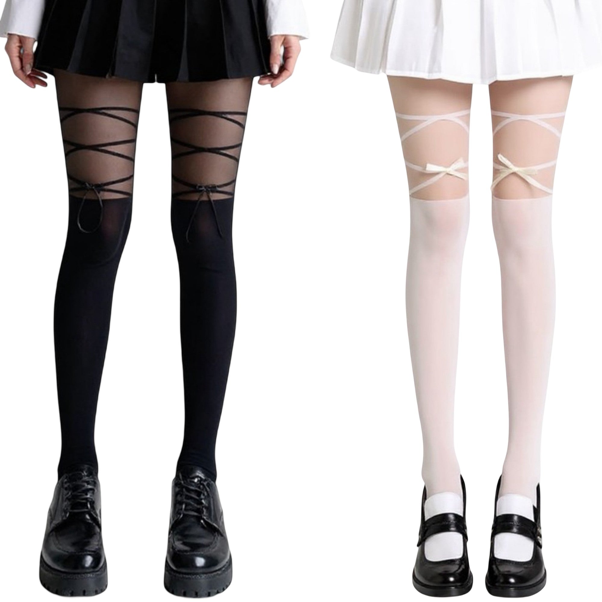 Anna-Kaci 2pcs Women's Sheer Tights with Crisscross Lace-Up Detail and Opaque Lower Leg Design