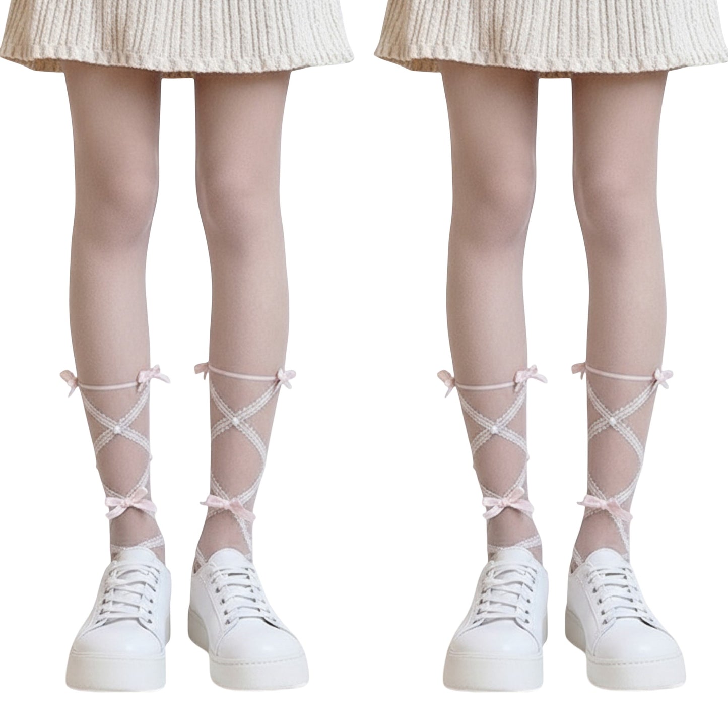 Anna-Kaci 2pcs Women's Sheer Tights with Crisscross Lace Ribbon and Bow Detail at Ankles