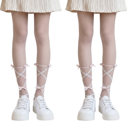 Anna-Kaci 2pcs Women's Sheer Tights with Crisscross Lace Ribbon and Bow Detail at Ankles