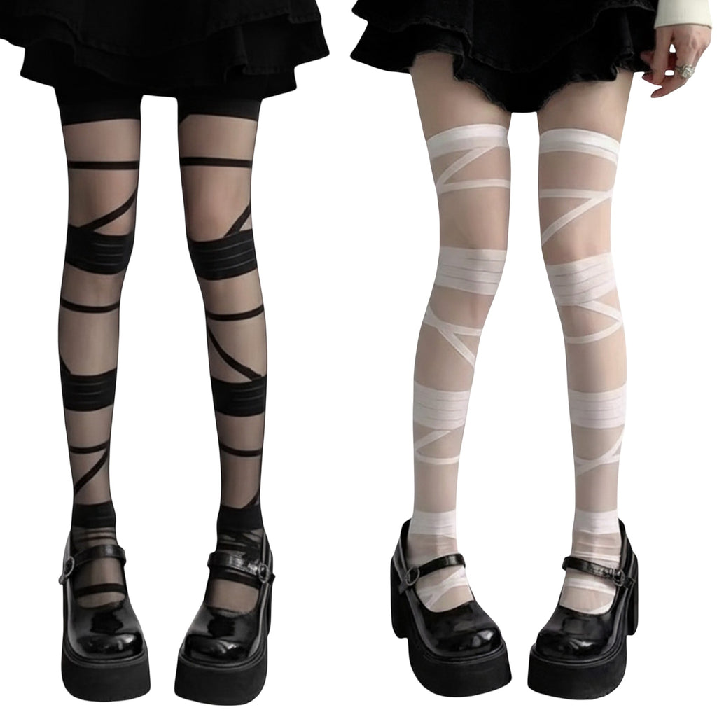Anna-Kaci 2pcs Women's Sheer Tights with Wrapped Ribbon Illusion and Gothic Layered Design