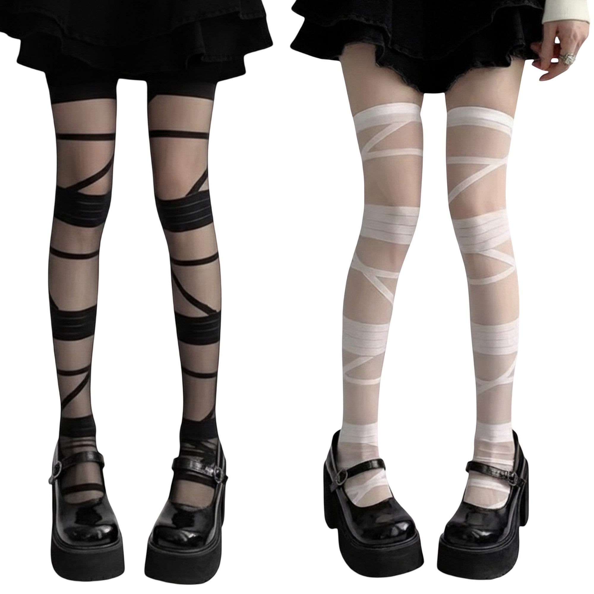Anna-Kaci 2pcs Women's Sheer Tights with Wrapped Ribbon Illusion and Gothic Layered Design