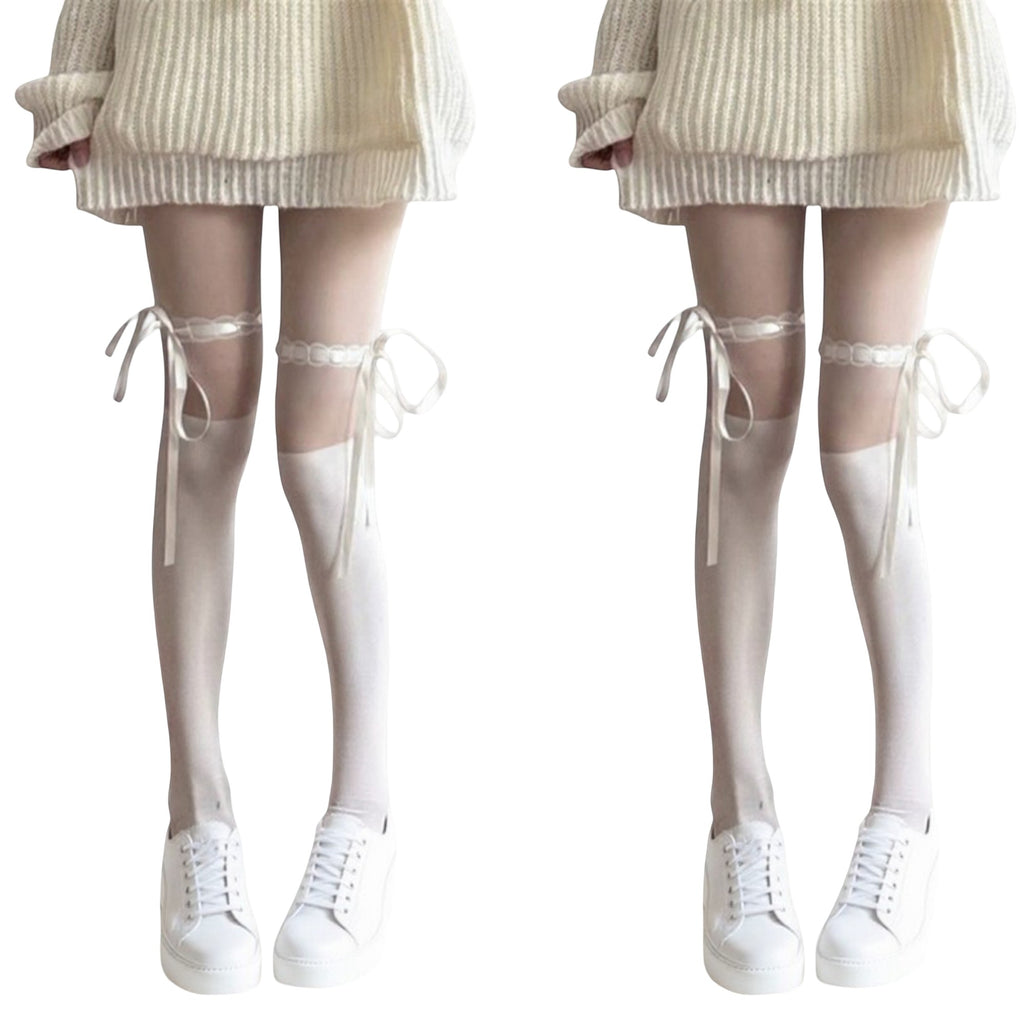 Anna-Kaci 2pcs Women's Sheer Over-the-Knee Tights with Satin Ribbon Bow and Scalloped Edge Design