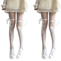 Anna-Kaci 2pcs Women's Sheer Over-the-Knee Tights with Satin Ribbon Bow and Scalloped Edge Design