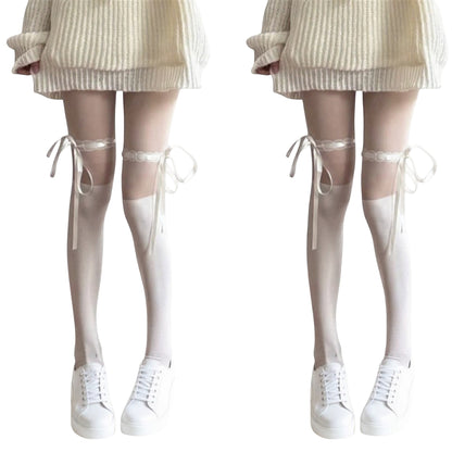 Anna-Kaci 2pcs Women's Sheer Over-the-Knee Tights with Satin Ribbon Bow and Scalloped Edge Design