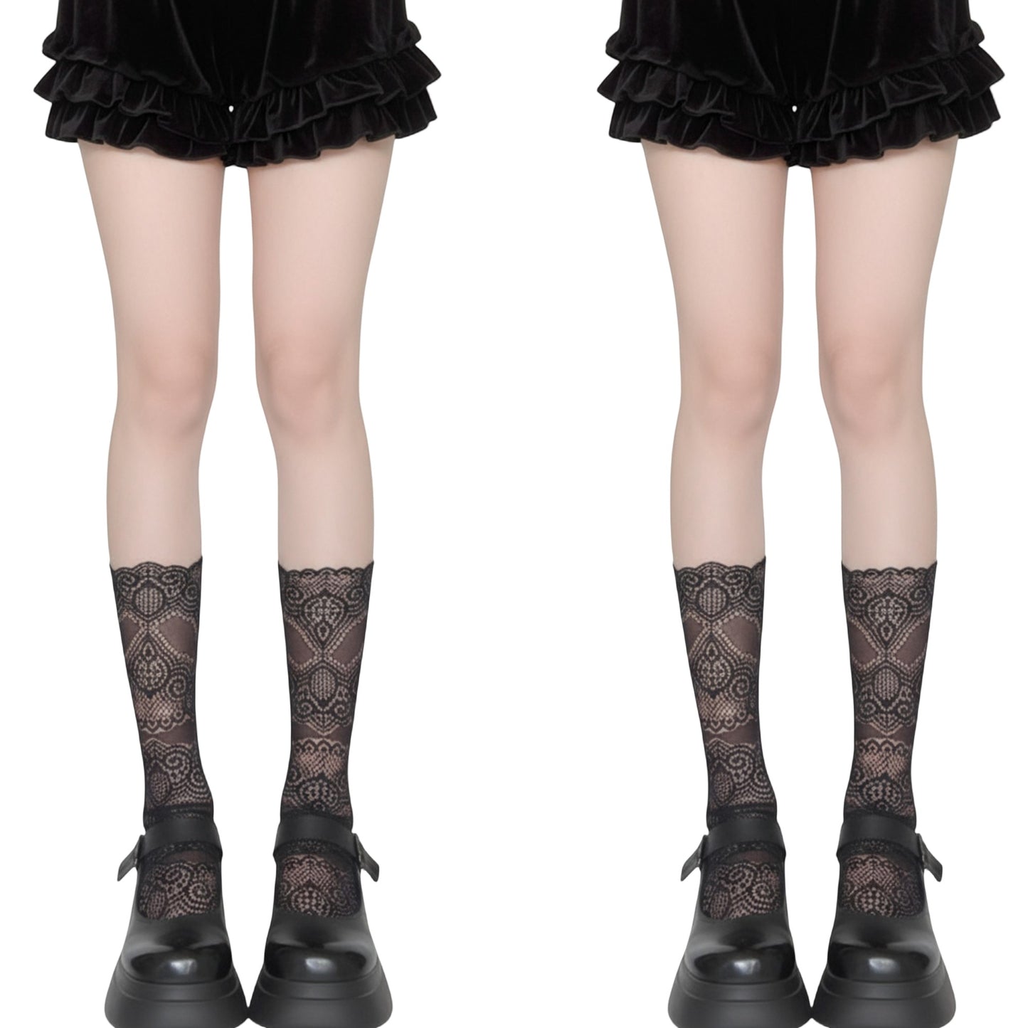 Anna-Kaci 2pcs Women's Mid-Calf Lace Socks with Scalloped Edge and Intricate Floral Pattern