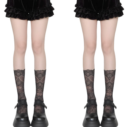 Anna-Kaci 2pcs Women's Mid-Calf Lace Socks with Scalloped Edge and Intricate Floral Pattern