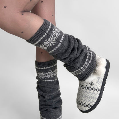 Anna-Kaci Women's Nordic Knit Pattern Leg Warmers with Ribbed Cuffs and Soft Stretch Fabric