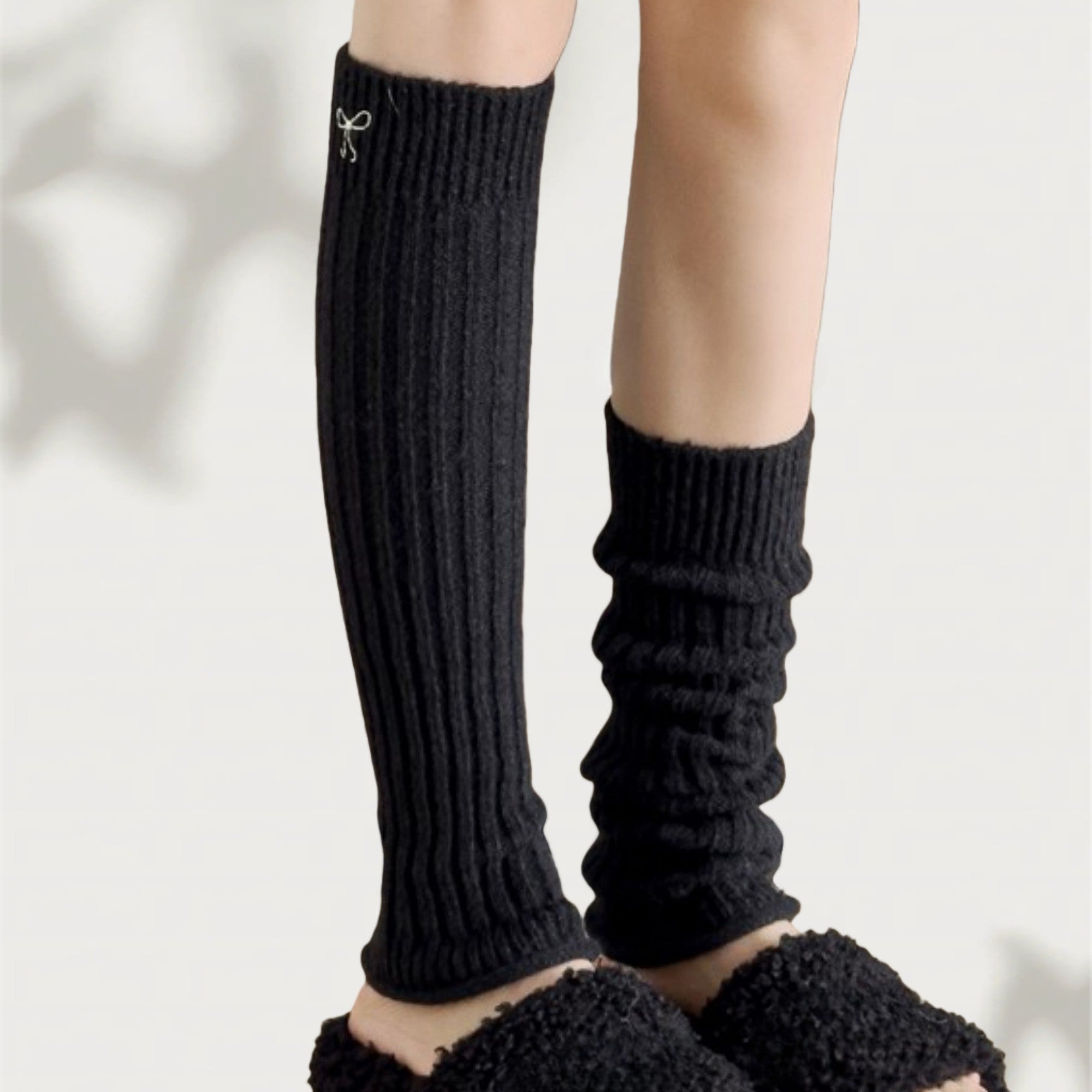 Anna-Kaci Women's Ribbed Knit Leg Warmers with Embroidered Bow Detail