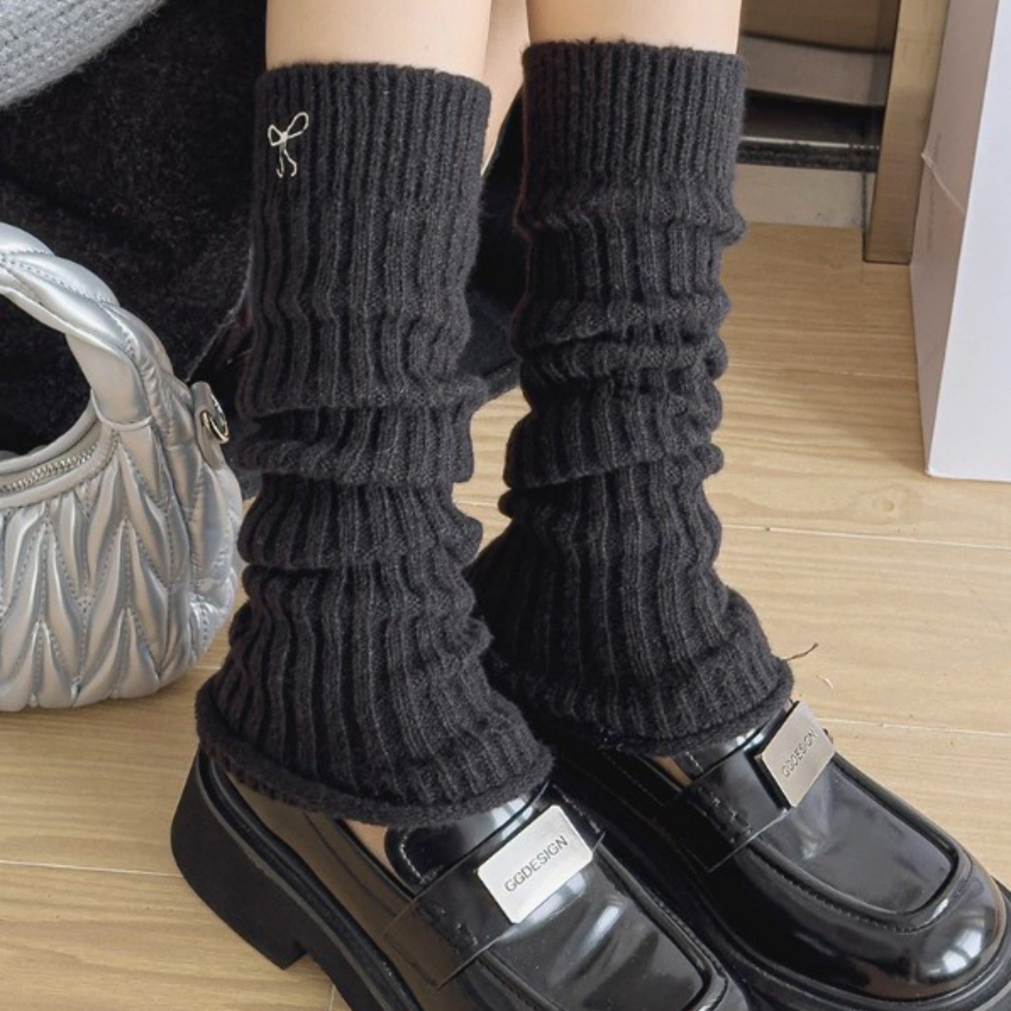 Anna-Kaci Women's Ribbed Knit Leg Warmers with Embroidered Bow Detail