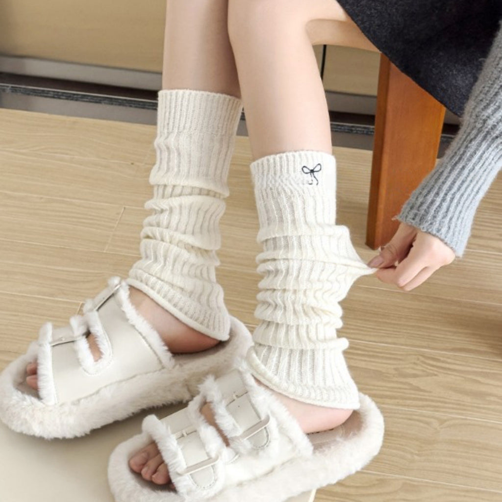 Anna-Kaci Women's Ribbed Knit Leg Warmers with Embroidered Bow Detail