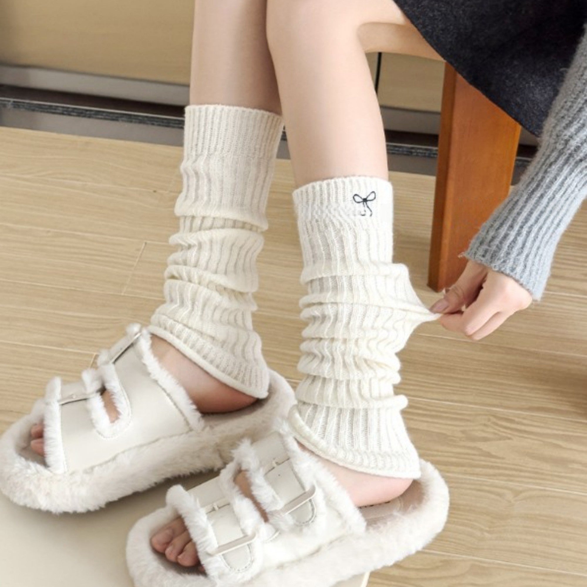 Anna-Kaci Women's Ribbed Knit Leg Warmers with Embroidered Bow Detail
