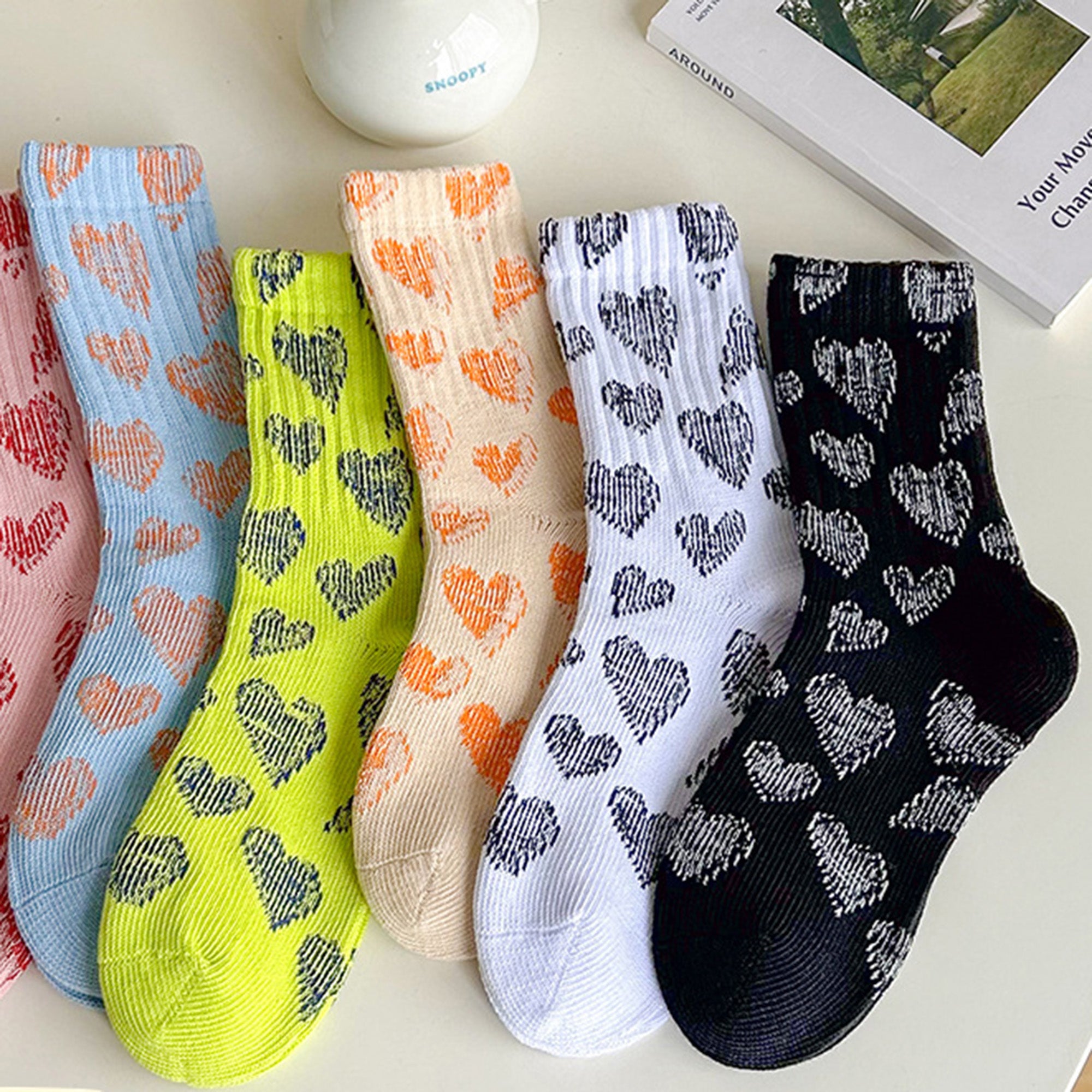 Anna-Kaci 3-Pair Soft Knit Crew Socks Set with Sweet Heart Pattern, Stretch Comfort Ribbed Cuffs, Breathable Fabric and Everyday Essential Design