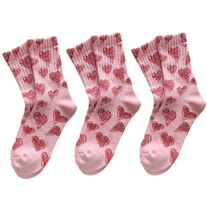 Anna-Kaci 3-Pair Soft Knit Crew Socks Set with Sweet Heart Pattern, Stretch Comfort Ribbed Cuffs, Breathable Fabric and Everyday Essential Design