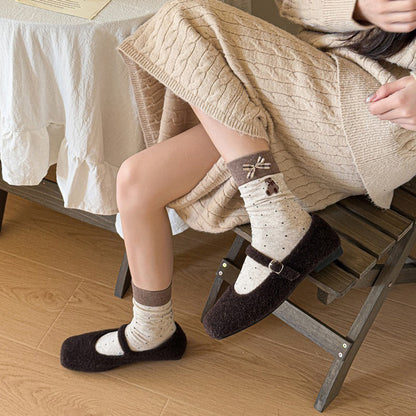 Anna-Kaci 3-Pair Soft Knit Crew Socks with Tiny Dot Pattern, Embroidered Bear Detail, Decorative Ribbon Bow Trim and Smooth Comfortable Stretch Fit