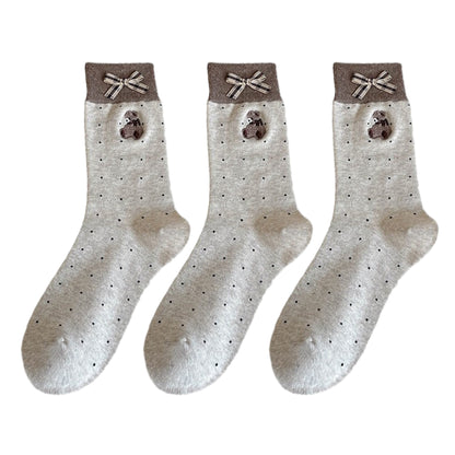 Anna-Kaci 3-Pair Soft Knit Crew Socks with Tiny Dot Pattern, Embroidered Bear Detail, Decorative Ribbon Bow Trim and Smooth Comfortable Stretch Fit