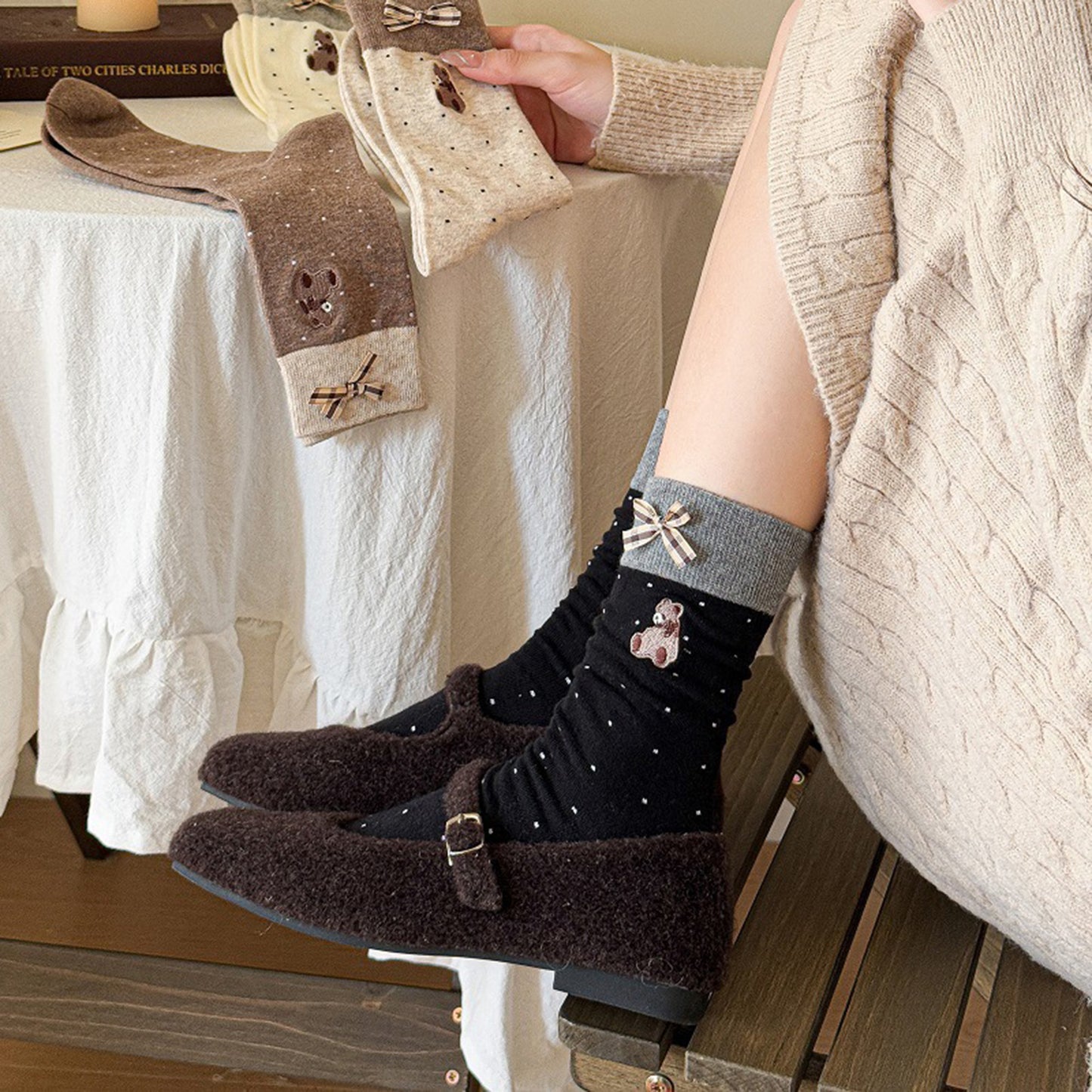 Anna-Kaci 3-Pair Soft Knit Crew Socks with Tiny Dot Pattern, Embroidered Bear Detail, Decorative Ribbon Bow Trim and Smooth Comfortable Stretch Fit
