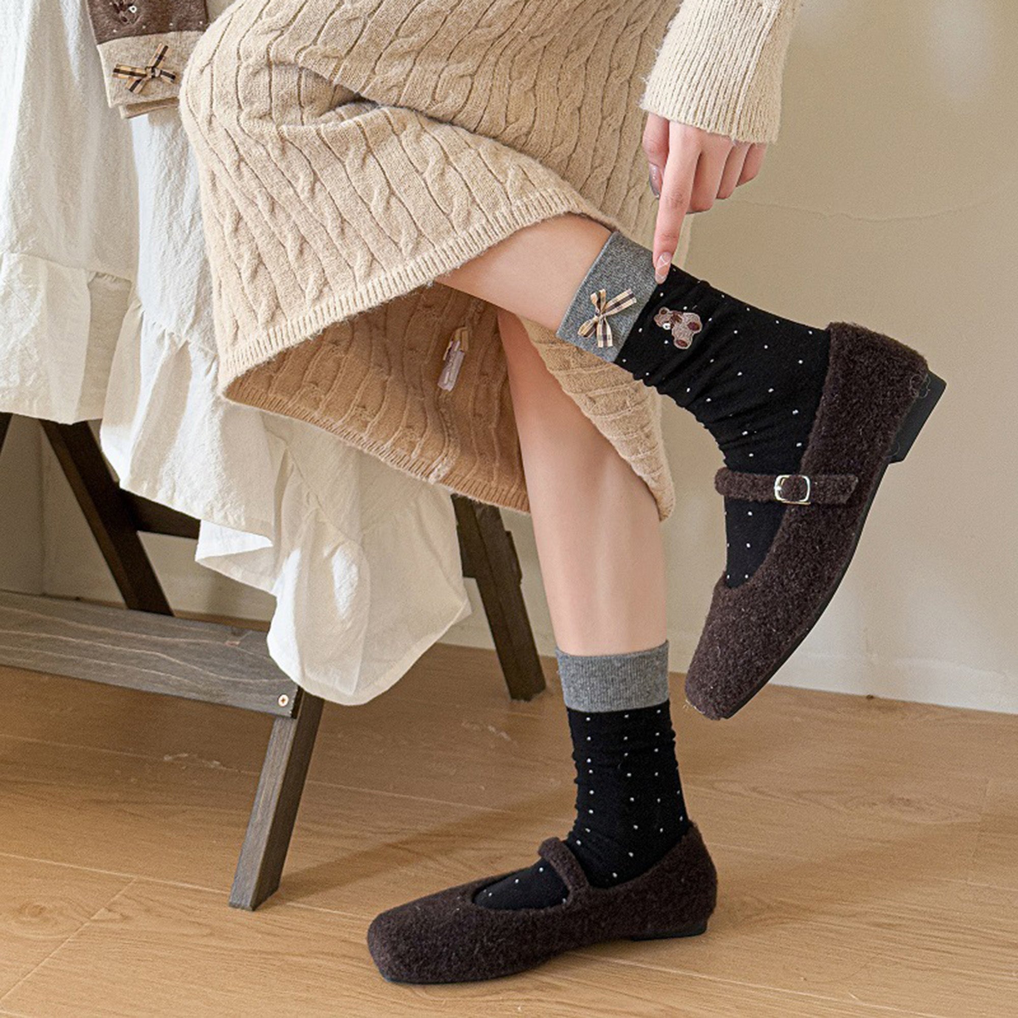 Anna-Kaci 3-Pair Soft Knit Crew Socks with Tiny Dot Pattern, Embroidered Bear Detail, Decorative Ribbon Bow Trim and Smooth Comfortable Stretch Fit