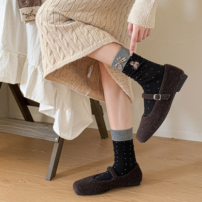 Anna-Kaci 3-Pair Soft Knit Crew Socks with Tiny Dot Pattern, Embroidered Bear Detail, Decorative Ribbon Bow Trim and Smooth Comfortable Stretch Fit