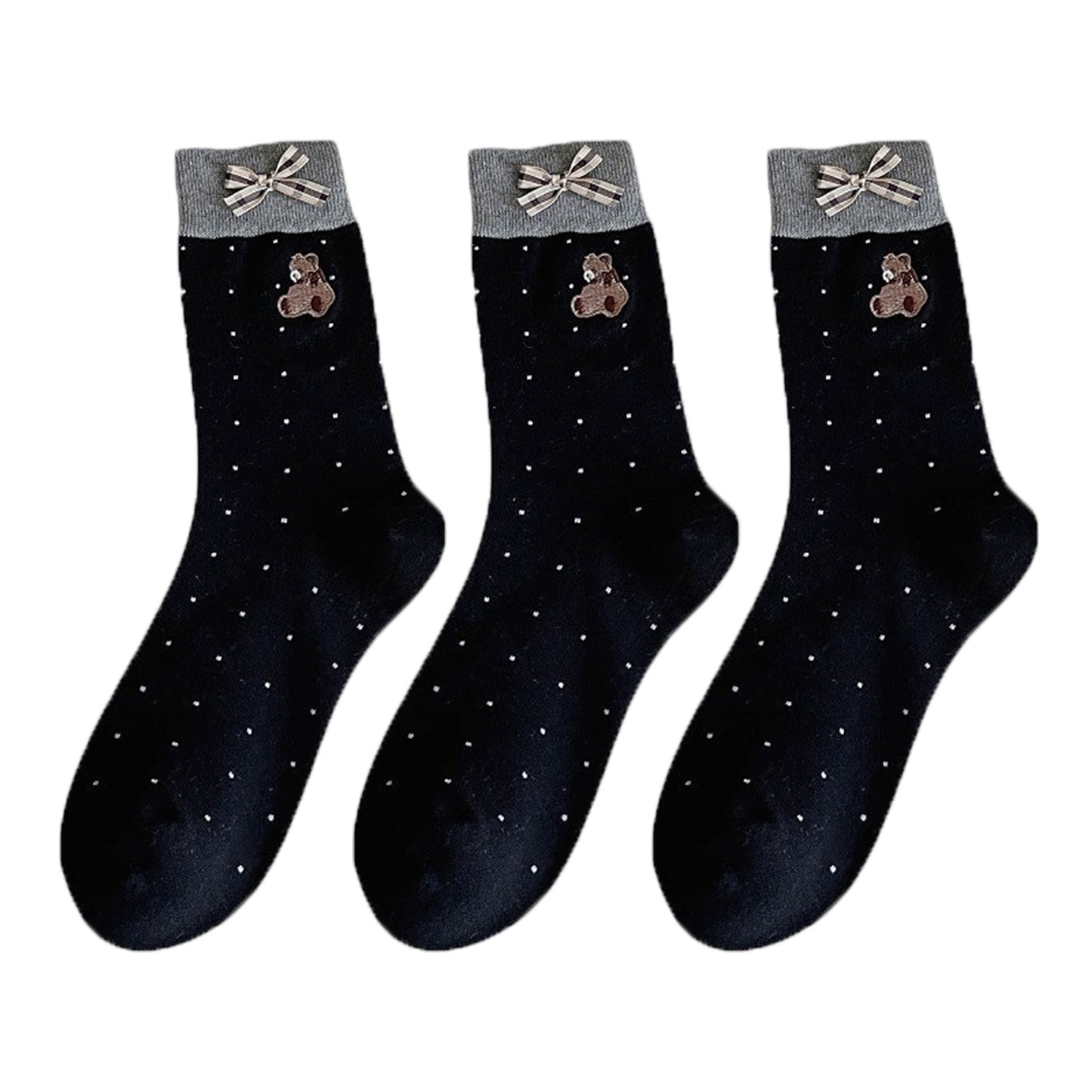 Anna-Kaci 3-Pair Soft Knit Crew Socks with Tiny Dot Pattern, Embroidered Bear Detail, Decorative Ribbon Bow Trim and Smooth Comfortable Stretch Fit