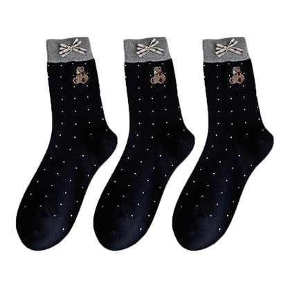 Anna-Kaci 3-Pair Soft Knit Crew Socks with Tiny Dot Pattern, Embroidered Bear Detail, Decorative Ribbon Bow Trim and Smooth Comfortable Stretch Fit