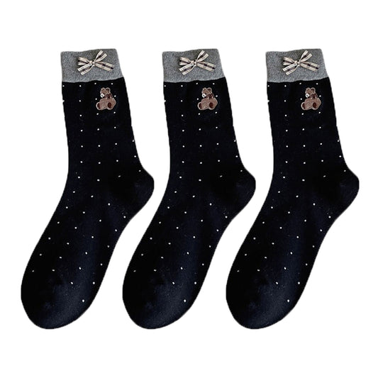 Anna-Kaci 3-Pair Soft Knit Crew Socks with Tiny Dot Pattern, Embroidered Bear Detail, Decorative Ribbon Bow Trim and Smooth Comfortable Stretch Fit