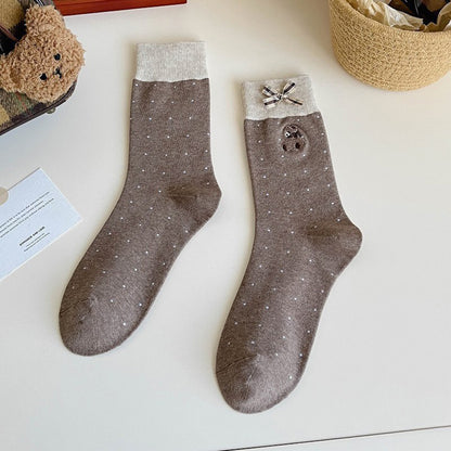 Anna-Kaci 3-Pair Soft Knit Crew Socks with Tiny Dot Pattern, Embroidered Bear Detail, Decorative Ribbon Bow Trim and Smooth Comfortable Stretch Fit
