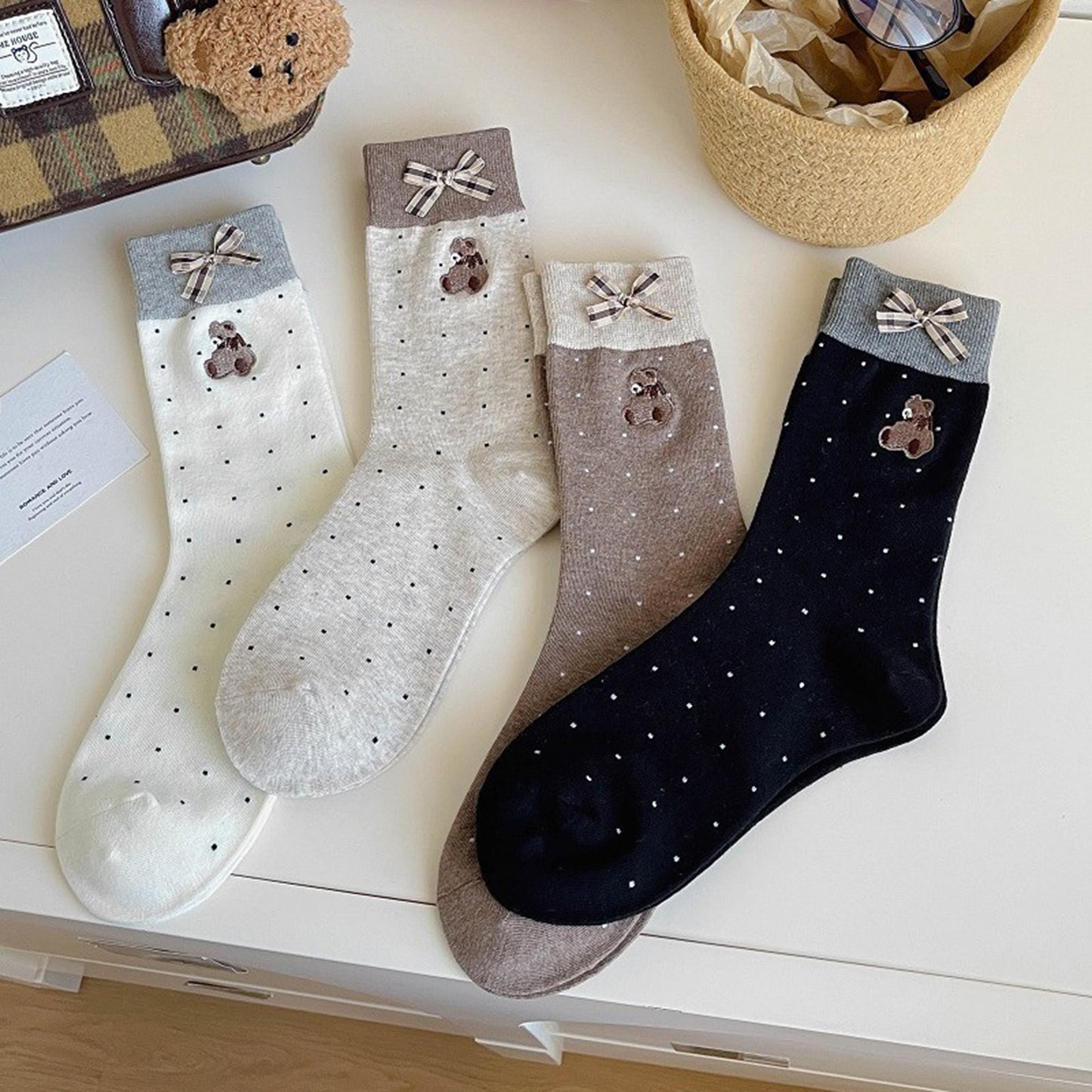 Anna-Kaci 3-Pair Soft Knit Crew Socks with Tiny Dot Pattern, Embroidered Bear Detail, Decorative Ribbon Bow Trim and Smooth Comfortable Stretch Fit