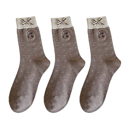 Anna-Kaci 3-Pair Soft Knit Crew Socks with Tiny Dot Pattern, Embroidered Bear Detail, Decorative Ribbon Bow Trim and Smooth Comfortable Stretch Fit