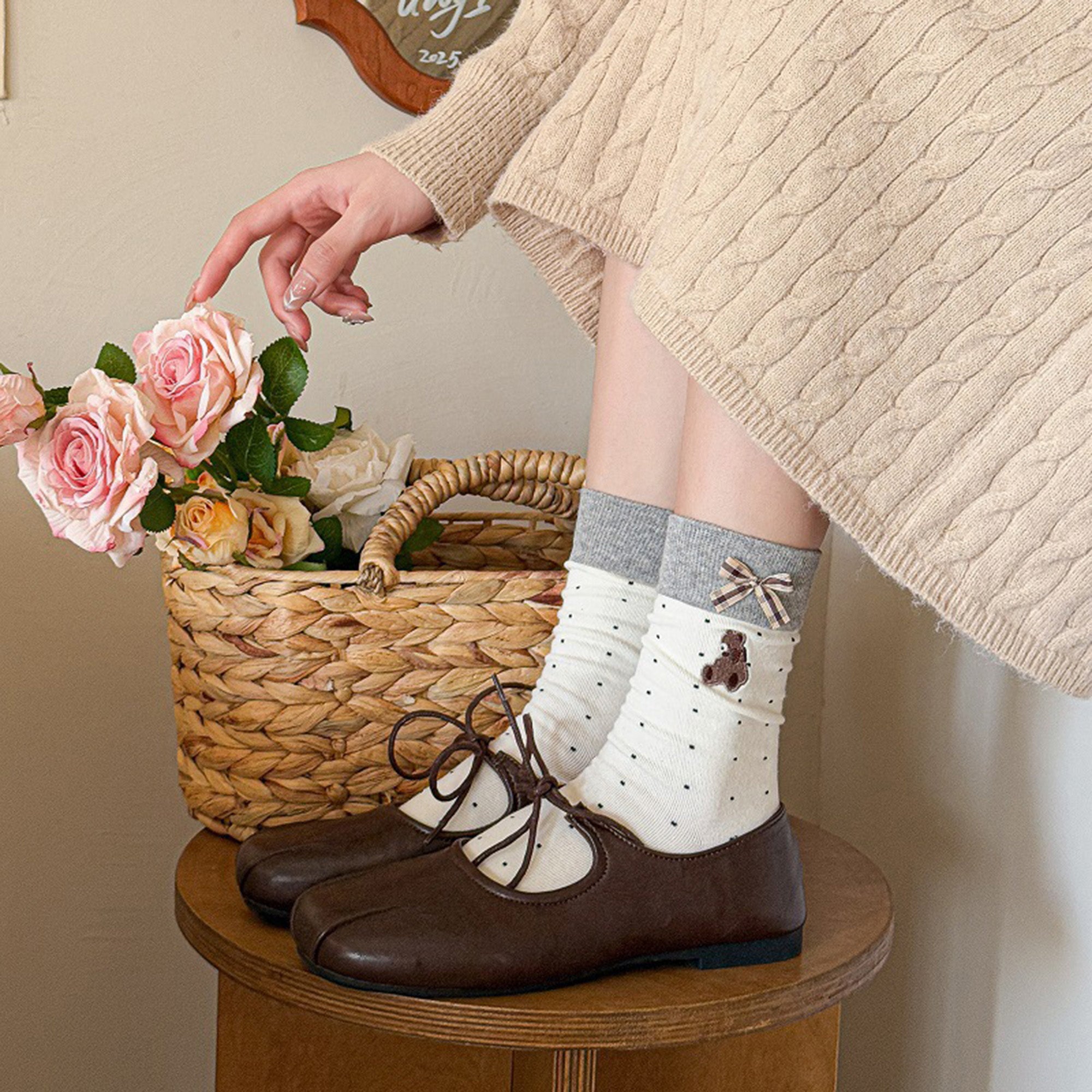 Anna-Kaci 3-Pair Soft Knit Crew Socks with Tiny Dot Pattern, Embroidered Bear Detail, Decorative Ribbon Bow Trim and Smooth Comfortable Stretch Fit