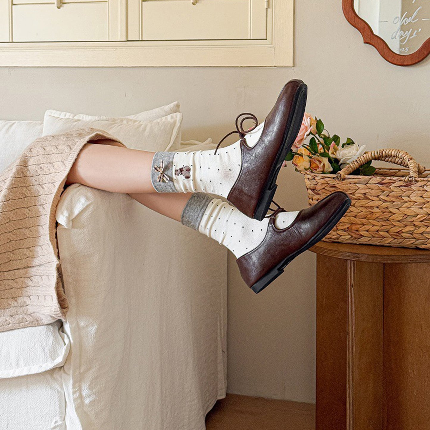 Anna-Kaci 3-Pair Soft Knit Crew Socks with Tiny Dot Pattern, Embroidered Bear Detail, Decorative Ribbon Bow Trim and Smooth Comfortable Stretch Fit