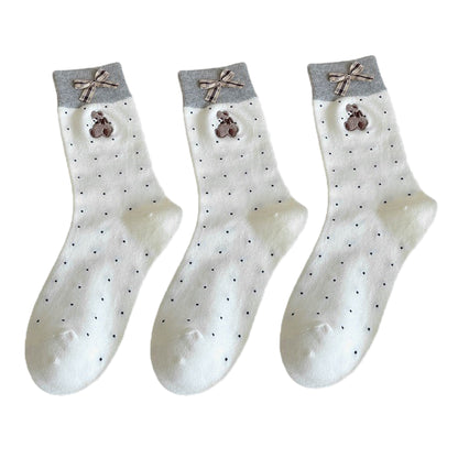 Anna-Kaci 3-Pair Soft Knit Crew Socks with Tiny Dot Pattern, Embroidered Bear Detail, Decorative Ribbon Bow Trim and Smooth Comfortable Stretch Fit