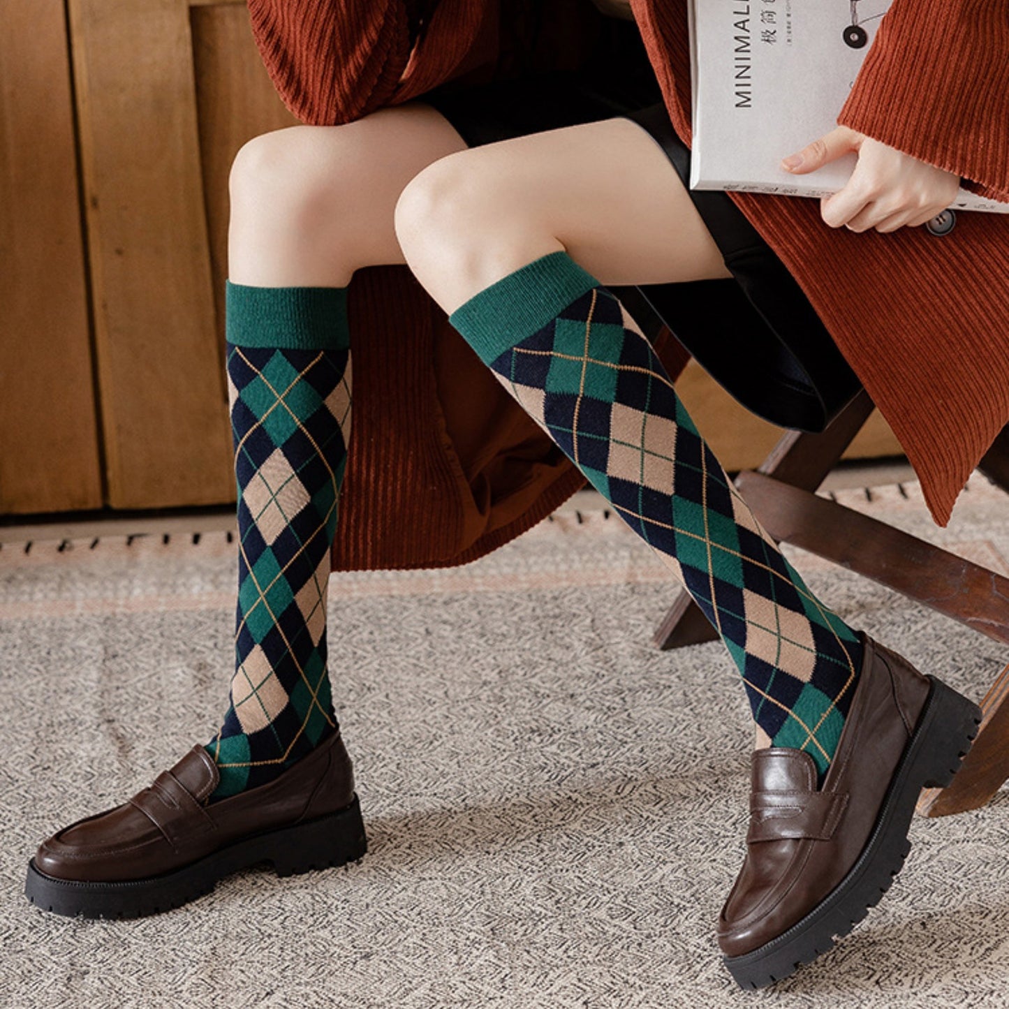 Anna-Kaci Women's 2-Piece Set Classic Argyle Knit Crew Socks with Soft Stretch Ribbed Cuffs