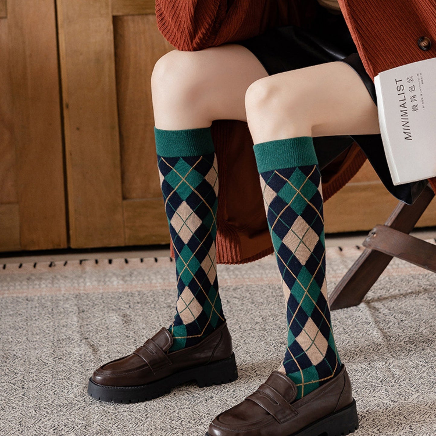 Anna-Kaci Women's 2-Piece Set Classic Argyle Knit Crew Socks with Soft Stretch Ribbed Cuffs