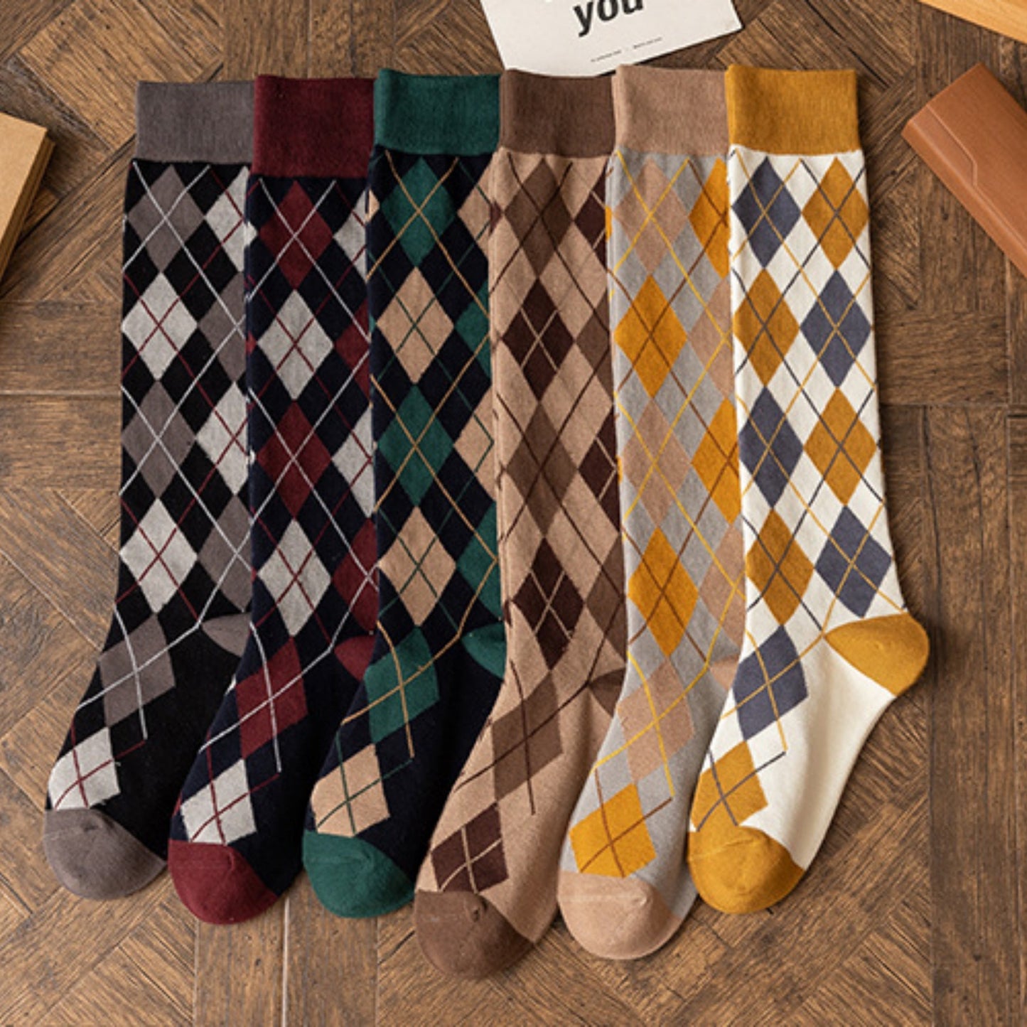 Anna-Kaci Women's 2-Piece Set Classic Argyle Knit Crew Socks with Soft Stretch Ribbed Cuffs