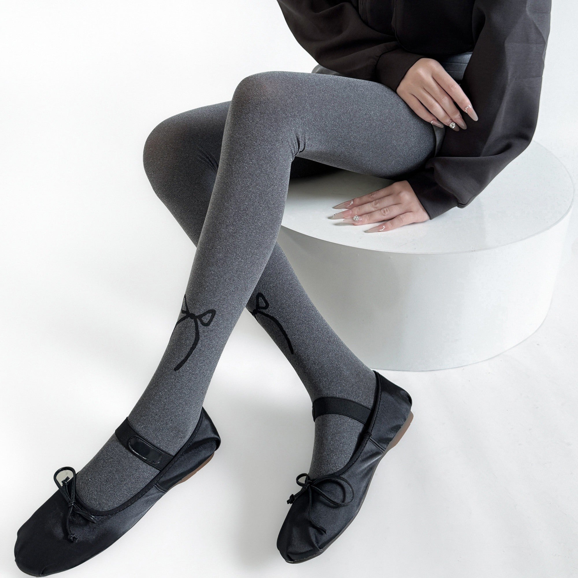 Anna-Kaci Women's Solid Knit Tights with Embroidered Bow Detail
