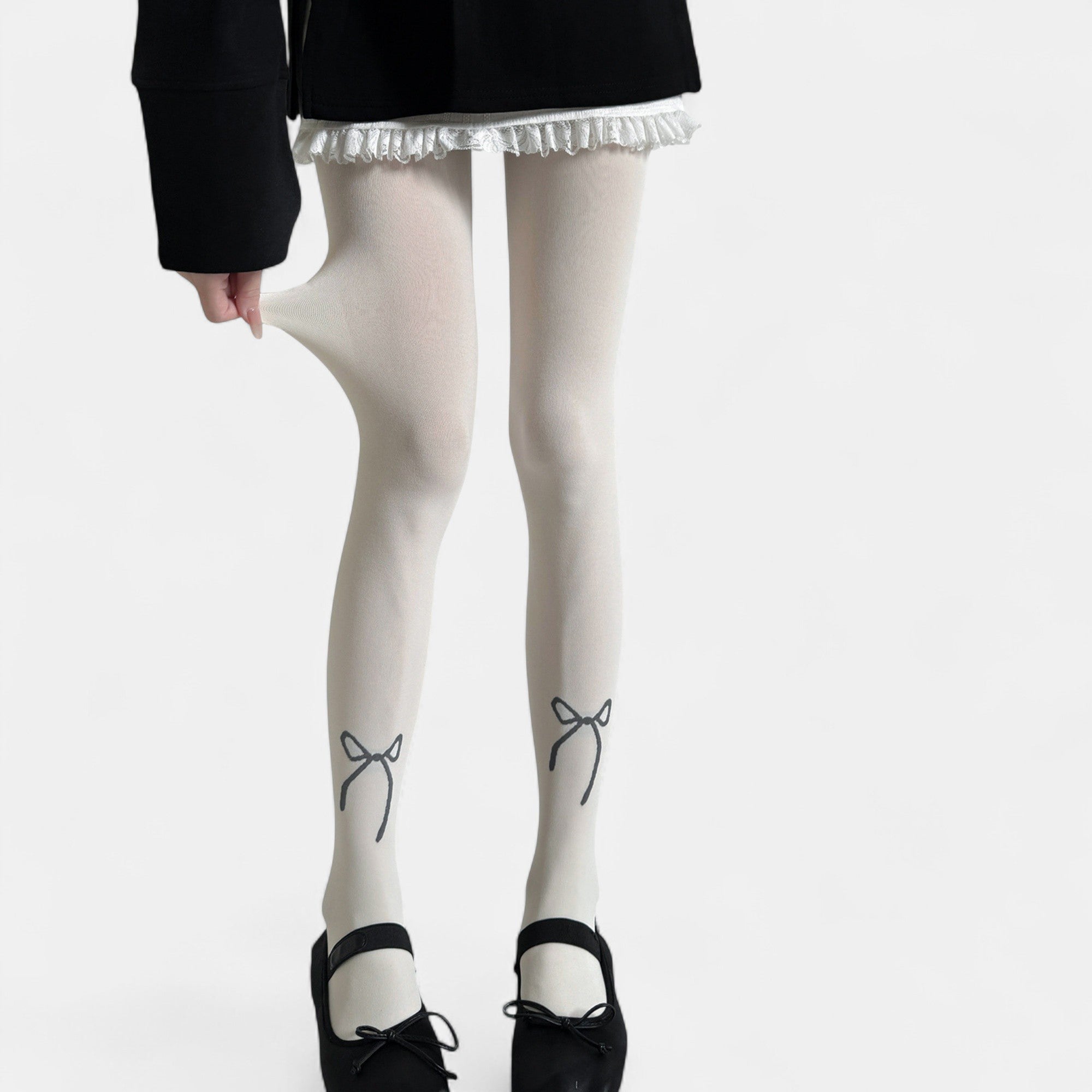 Anna-Kaci Women's Solid Knit Tights with Embroidered Bow Detail