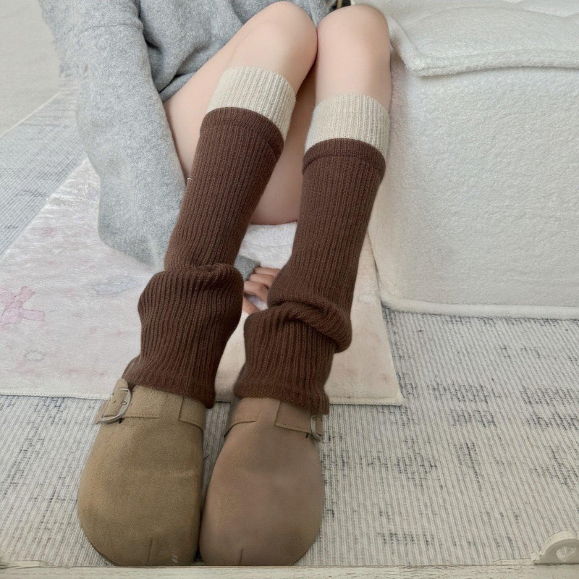 Anna-Kaci Women's Two-Tone Ribbed Knit Leg Warmers with Contrast Cuff Detail