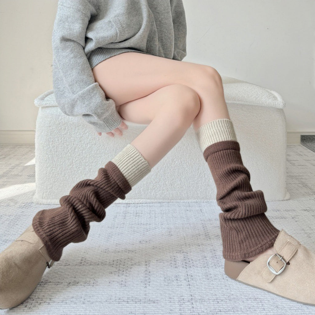 Anna-Kaci Women's Two-Tone Ribbed Knit Leg Warmers with Contrast Cuff Detail