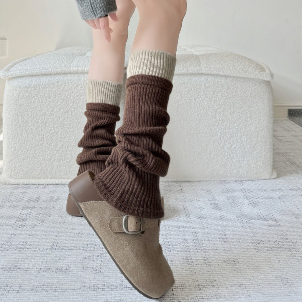 Anna-Kaci Women's Two-Tone Ribbed Knit Leg Warmers with Contrast Cuff Detail