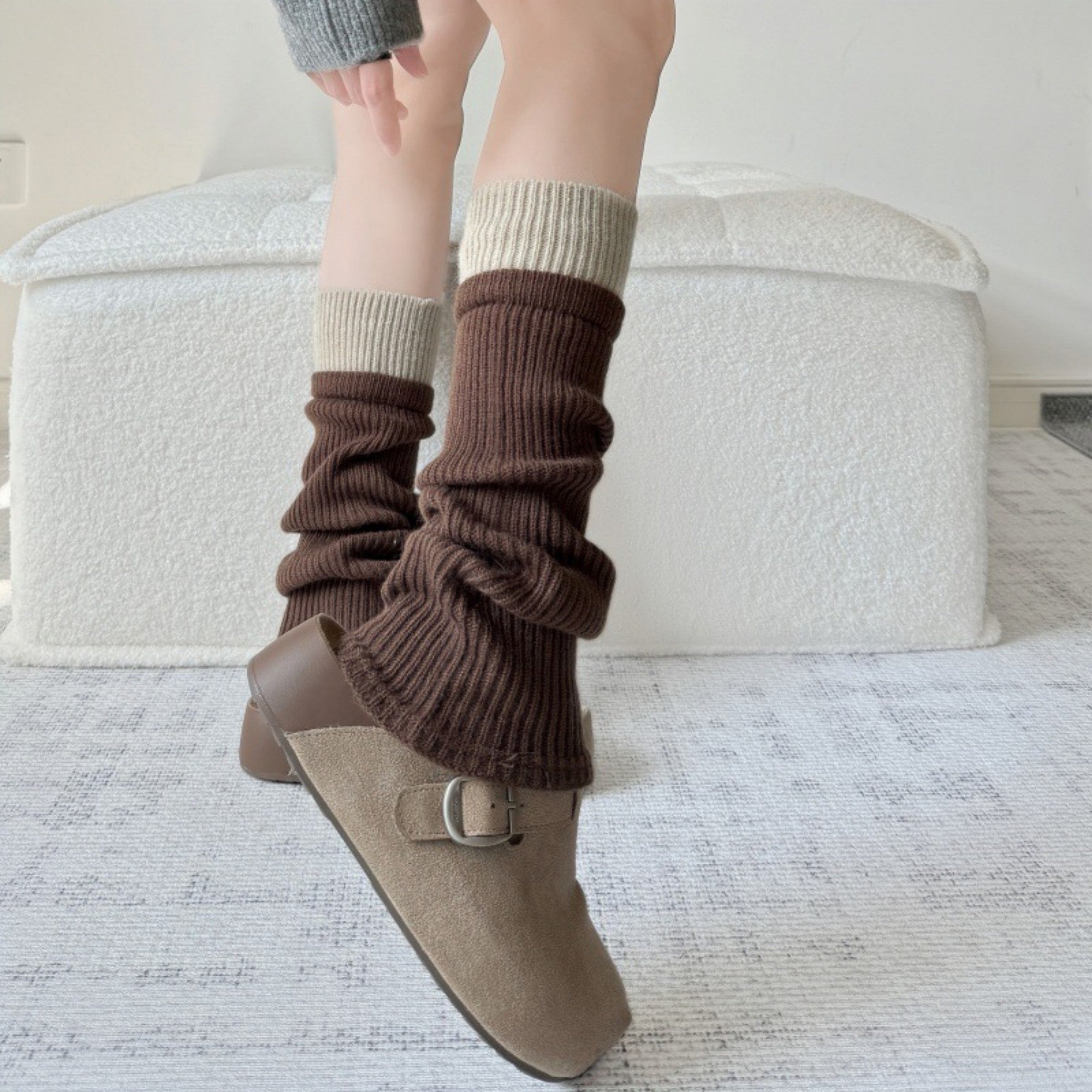 Anna-Kaci Women's Two-Tone Ribbed Knit Leg Warmers with Contrast Cuff Detail