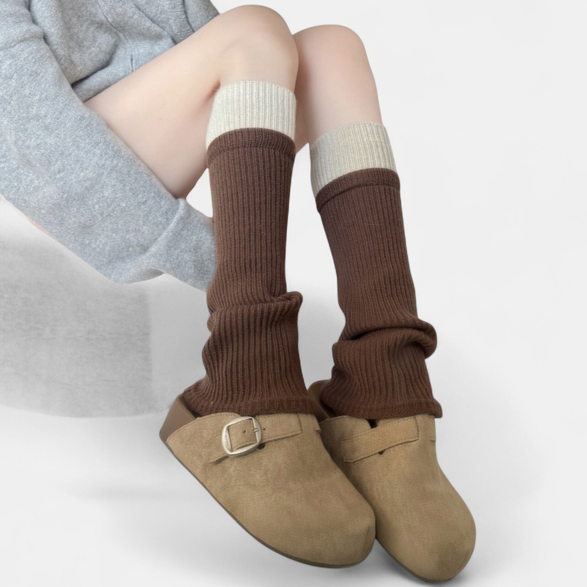Anna-Kaci Women's Two-Tone Ribbed Knit Leg Warmers with Contrast Cuff Detail