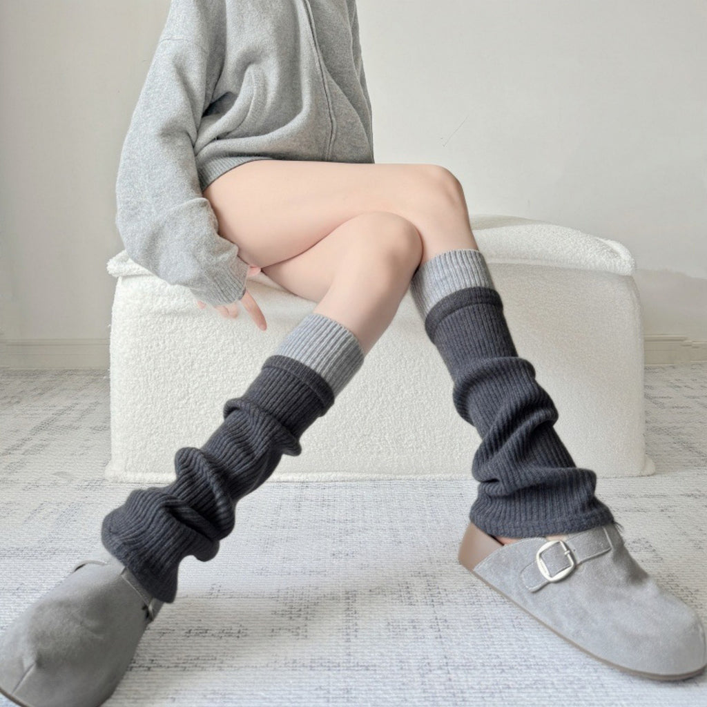Anna-Kaci Women's Two-Tone Ribbed Knit Leg Warmers with Contrast Cuff Detail