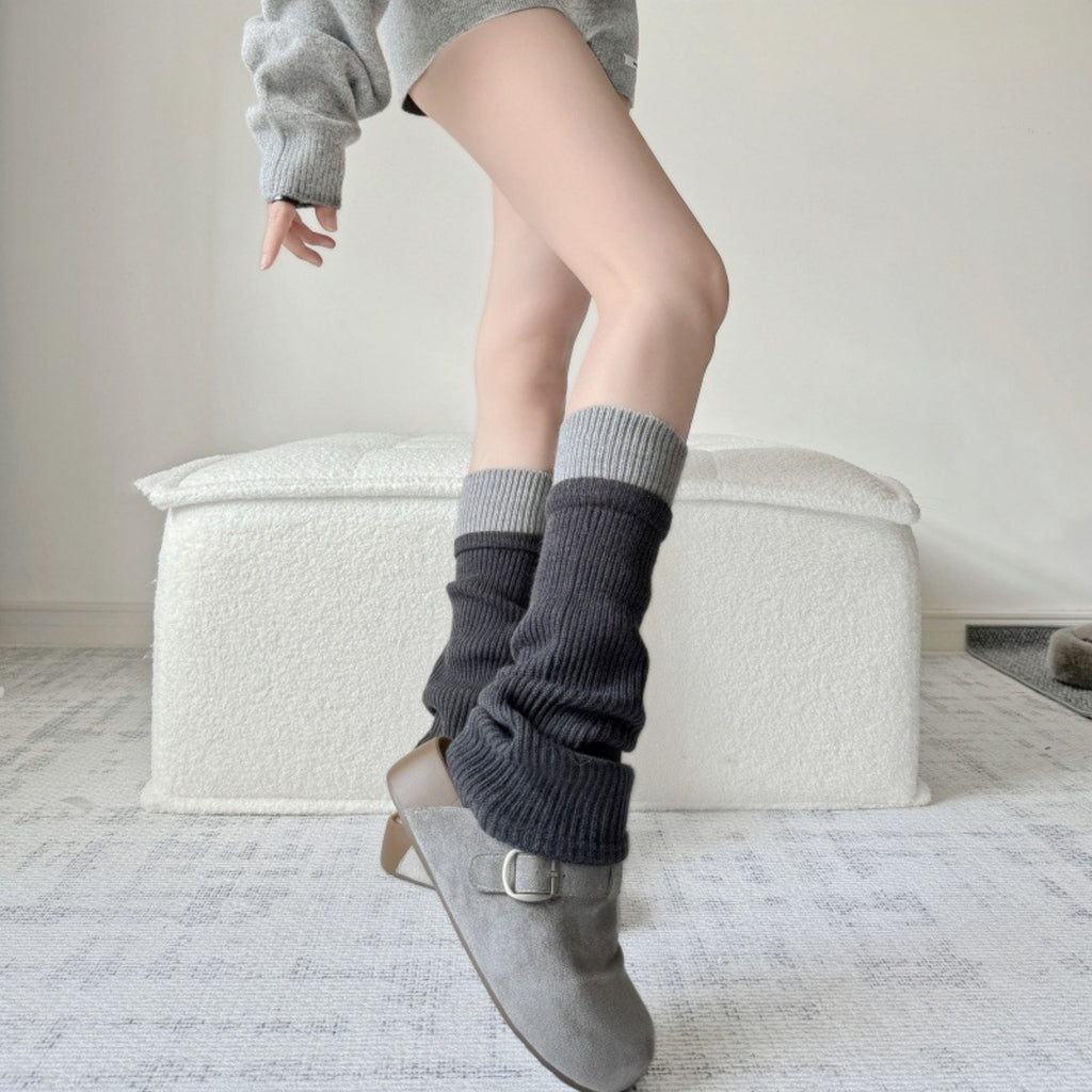 Anna-Kaci Women's Two-Tone Ribbed Knit Leg Warmers with Contrast Cuff Detail