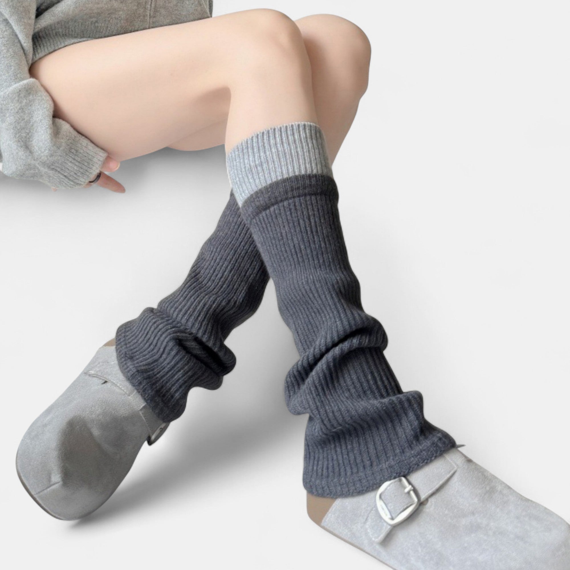 Anna-Kaci Women's Two-Tone Ribbed Knit Leg Warmers with Contrast Cuff Detail