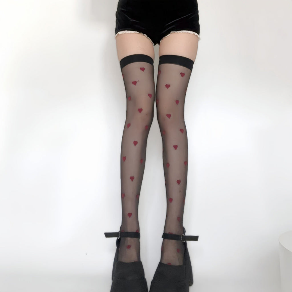 Anna-Kaci Women's Sheer Over-the-Knee Heart Pattern Mesh Stockings with Elastic Band