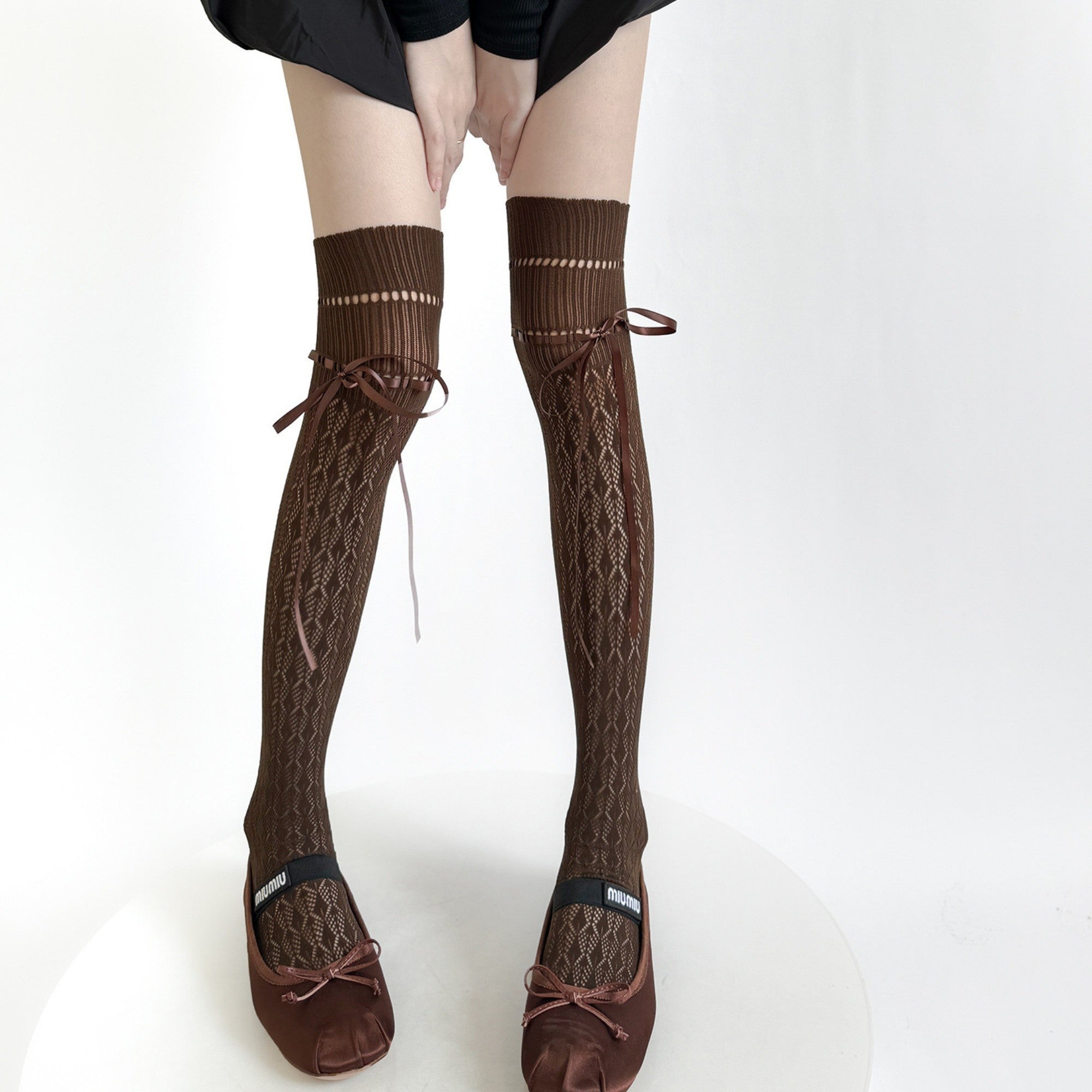 Anna-Kaci Women's Over-the-Knee Knit Socks with Diamond Pattern and Ribbon Bow Detail
