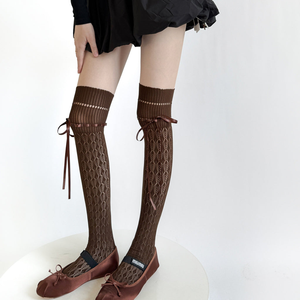 Anna-Kaci Women's Over-the-Knee Knit Socks with Diamond Pattern and Ribbon Bow Detail
