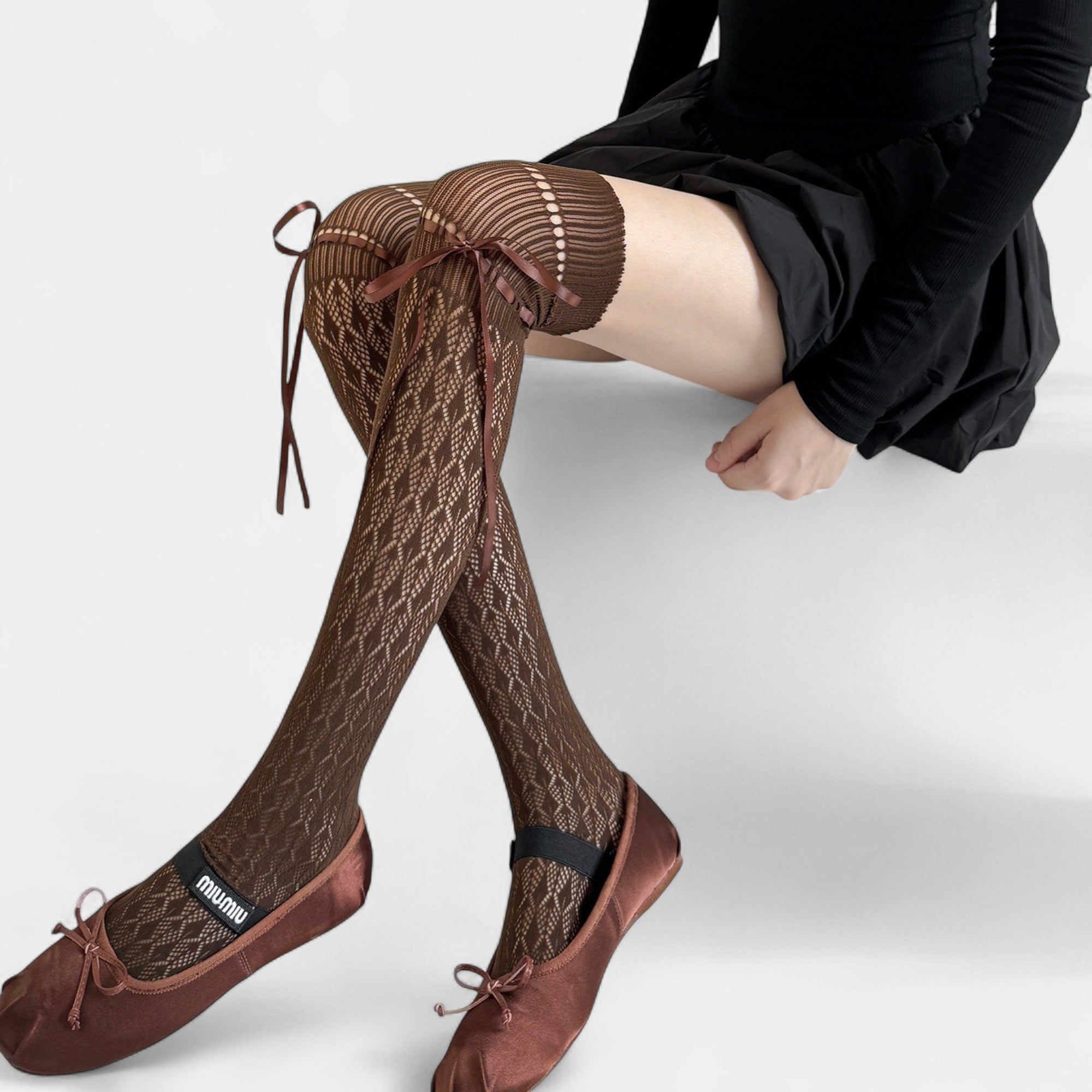 Anna-Kaci Women's Over-the-Knee Knit Socks with Diamond Pattern and Ribbon Bow Detail