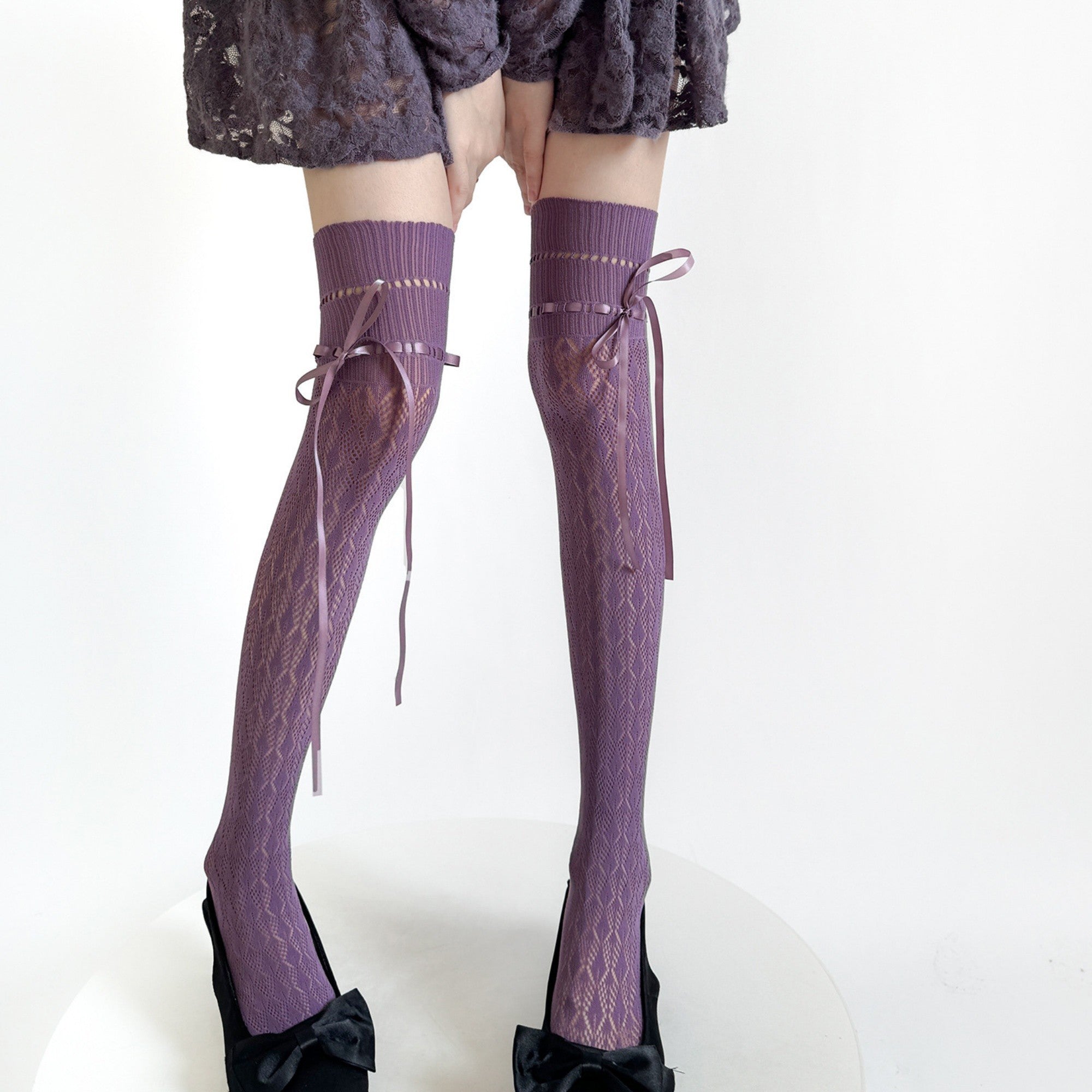 Anna-Kaci Women's Over-the-Knee Knit Socks with Diamond Pattern and Ribbon Bow Detail
